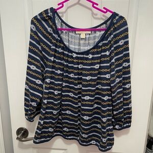 Michael Kors Navy Blouse with Gold Chain Pattern